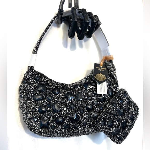 🖤🩶🖤 MADE IN INDIA BEAUTIFUL Black Beaded Shoulder Bag With Coin Purse🖤🩶🖤NWT - Picture 14 of 17